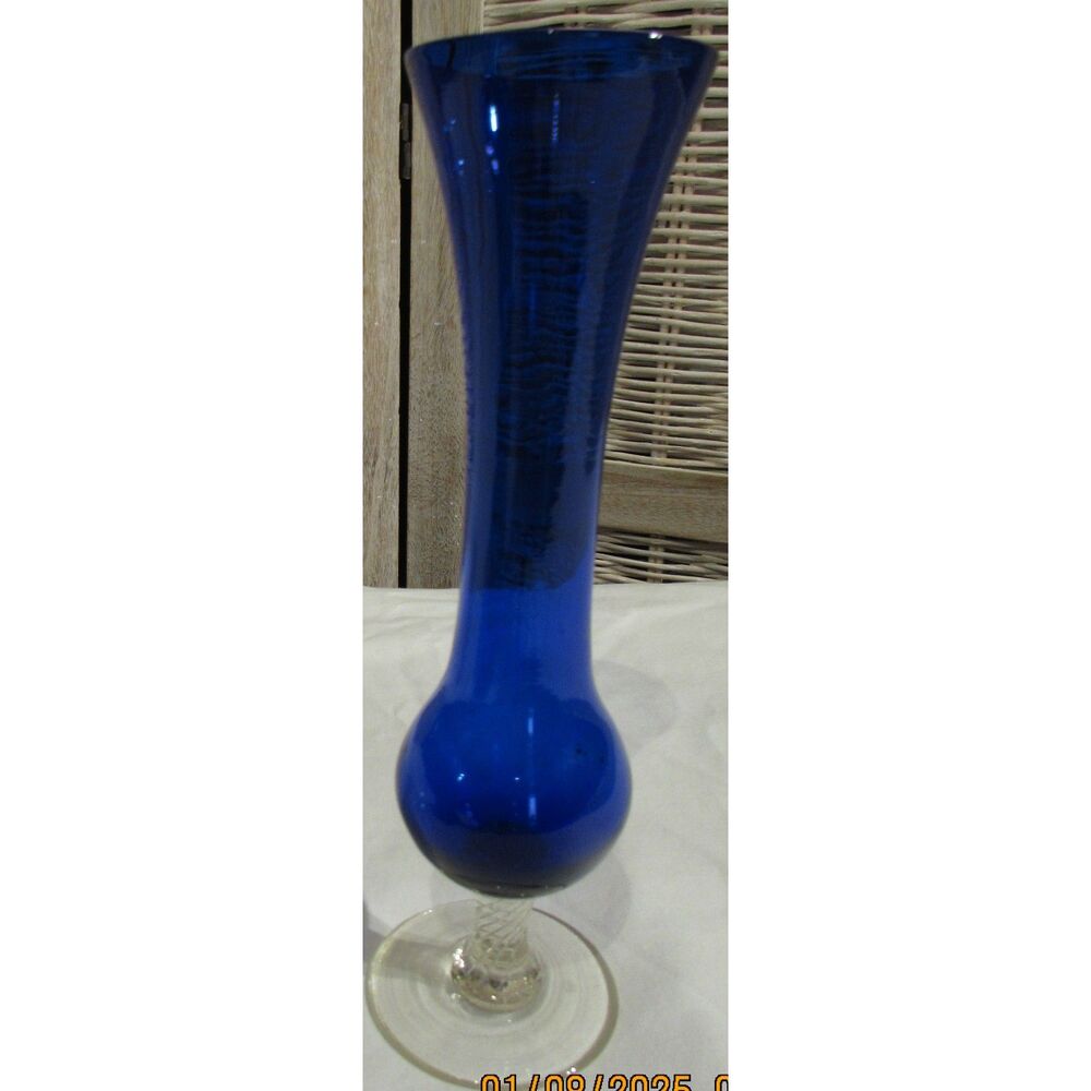 Cobalt blue flower bud vase twisted glass stem Mid Century
